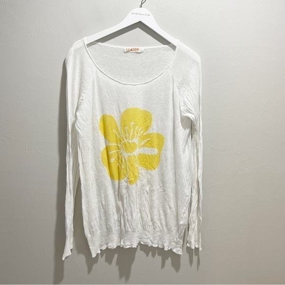 Seaton Sweaters - SEATON REVOLVE Women’s Intarsia Knit Yellow Ivory Flower Sweater Linen Blend L